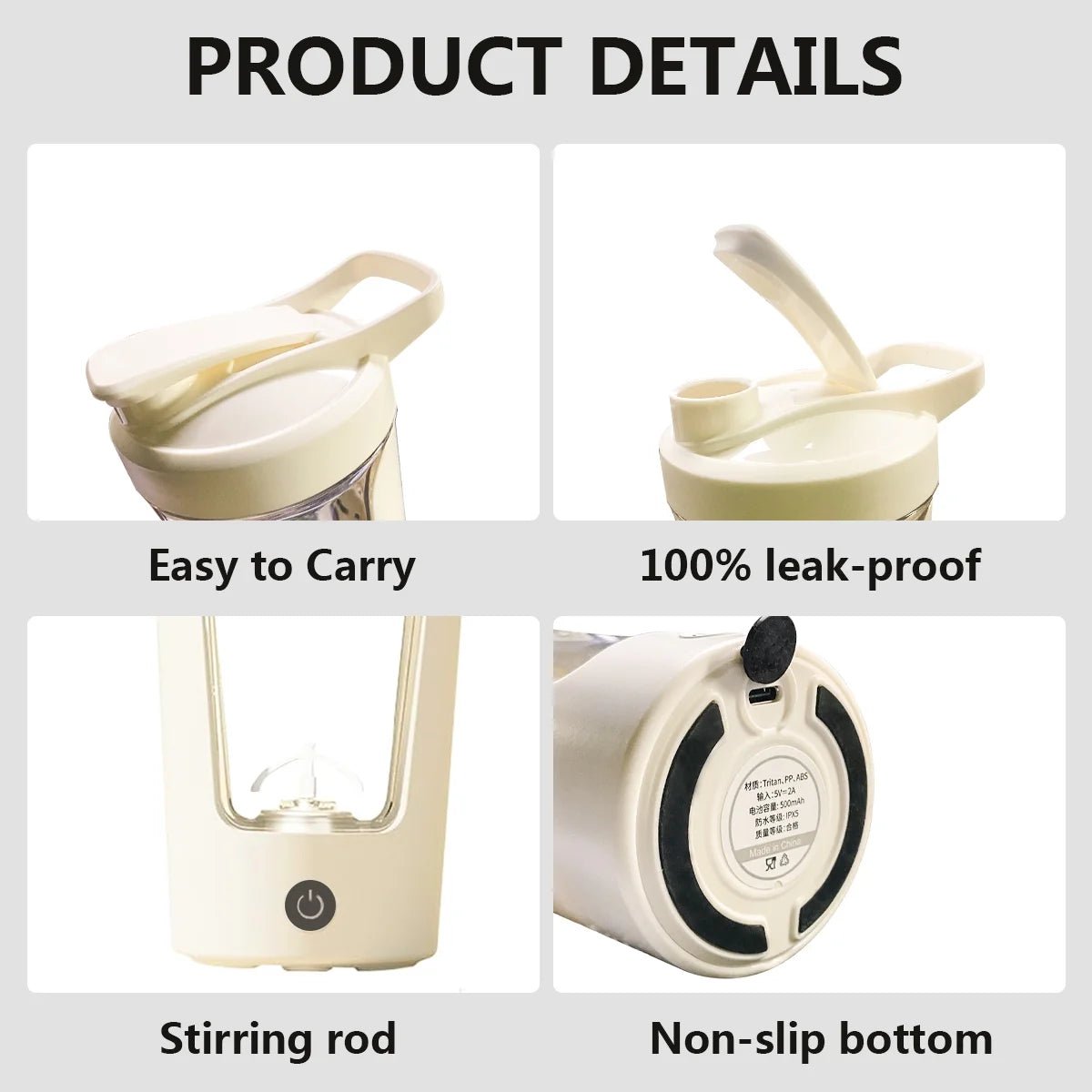 Electric Protein Shaker Bottle – White Portable Drink Mixer for Protein, Coffee & Milk - Monochyme
